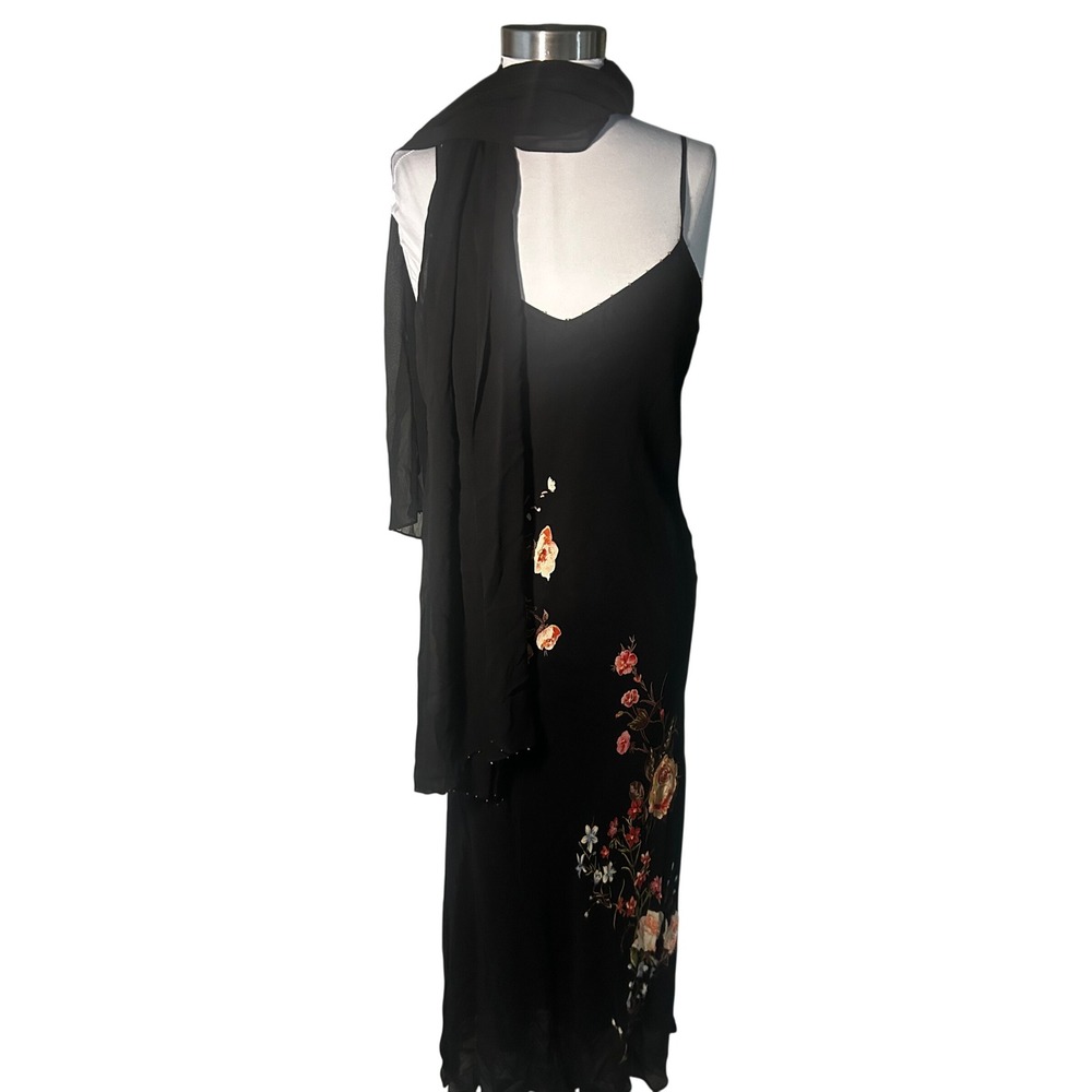 Vintage American Angel Maxi Dress M Black Floral Matching Scarf Spaghetti Strap